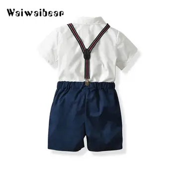 Moda de vara pentru Copii Baieti Seturi de Îmbrăcăminte Maneca Scurta, Papion Camasa+Bretele pantaloni Scurți Pantaloni 2 BUC Costume de Bumbac Haine de Bumbac