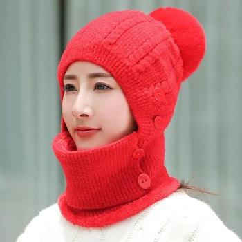 Iarna-O Singură Bucată Cald Tricotate Pălărie Masca Gât Pălărie Femeile În Aer Liber, Ciclism Coldproof Plus De Pluș Căciulă De Lână, Păr De Iepure Minge Găleată Pălărie