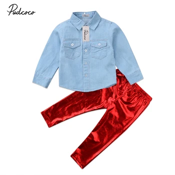 Copil nou-născut Fete Denim, Topuri tricou Roșu Bling Pantaloni Fata de Copil Tricou Solid Haine Haine Haine
