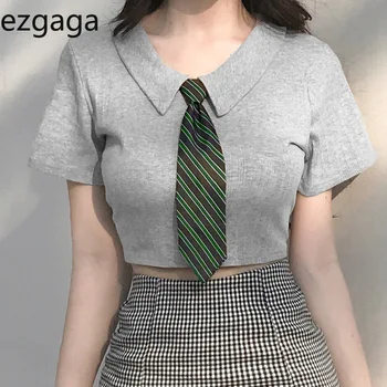 Ezgaga Femei Tricouri 2020 Nou De Turn-Down Guler Dulce Moda Cu Dungi, Cravata Slim Fată Subțire Topuri Buric Simplu Streetwear Casual