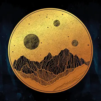 Cortina Munții și Cerul de Noapte Stele, Luna, Planete în Formă de Cerc Suprarealist opera de Arta Imprimate Galben Albastru Negru