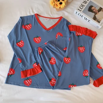 2021 Primavara Toamna cu Maneca Lunga Print Set Pijama Pentru Femei coreene V-neck Sleepwear Costum de Pijama Homewear Pijama Mujer Haine de Acasă