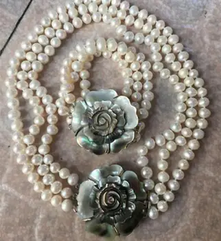 3 rânduri de 9-10 mm rotund alb colier de perle de 17