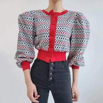 Femei Elegant Pulover Coreea Style Chic Toamna Contrast De Culoare Gât O Dragoste Butonul Vrac Maneca Lunga Cardigane Tricotate Bluze