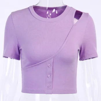 Femei Solide T-Shirt Butonul Buric Top Tricotate Coaste de Moda Sacou Gât Rotund Sacou Casual
