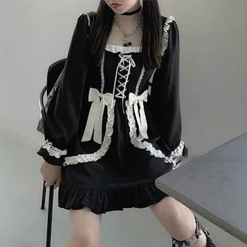 Lolita Gotic Japoneze Femei Rochie de Fată Mozaic Arc Sexy Rochie Mini Kawaii Haine de Toamna-Iarna Rochii pentru Femei Vestidos 2020