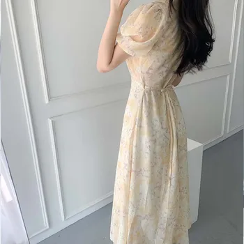 Stil Coreean Vara Femei Șifon Rochie Sexy, Drăguț V Gât Roz Caise Florale Puff Maneca Rochie Eleganta Petrecere Dulce Vestidos 2020