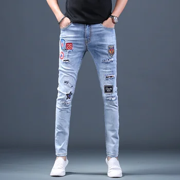 Vara Patch-Uri Brodate Rupt Blugi Streetwear Barbati Stretch Denim Albastru De Moda Direct Slim Fit Pantaloni
