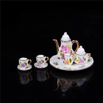 8Pcs Vas de Porțelan Oală Tava Cesti Ceainic casă de Păpuși în Miniatură Mini Drăguț Cafea, Ceai Set 1:12 Bucatarie Capsuni Imprimare