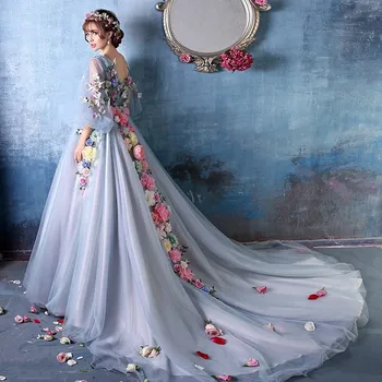 De lux bleu plin de flori florale bubble sleeve printesa lung curtea rochie/rochii de bal/belle de minge/curții medievale rochie victoria