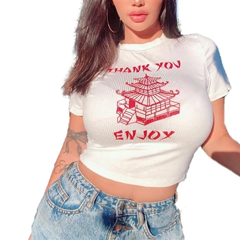 Femei Culturilor Topuri De Vara Sexy Scrisoarea Imprimate O-Gat Maneci Scurte Tricou Subțire Streetwear Vara Crop Top T-Shirt