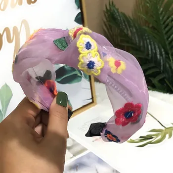 Nod Benzi De Păr Accesorii Femei Șifon Fete Hairband Daisy Broderii Florale Bentita Handmade Cu Boruri Largi Cap Hoop