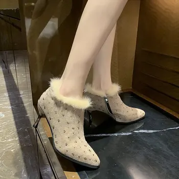 2021 Iarna Femei Sexy Tocuri Glezna Cizme De Blană Cald Bling Cristal Stilet Cizme De Piele De Căprioară Rhinstone Pantofi De Partid