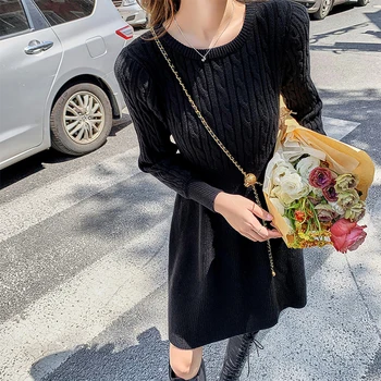 Nouă Femei Elegante toamna iarna negru rochie din tricot mid-lungime rochie pulover retro Rochie a-line