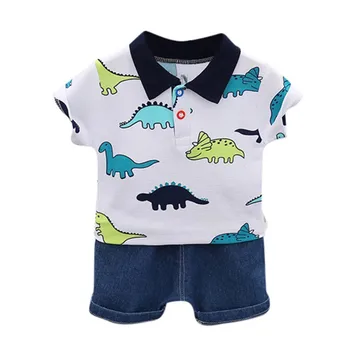 2 buc Copiii Băiat Haine de Vară, Dinozaur Imprimare Rever Maneca Scurta tricou Top+pantaloni Scurți Costum