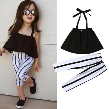 2019 Vara 2 BUC Toddler Girls Topuri Negre Gât tricou + Pantaloni cu Dungi Set de Pantaloni pentru Copii Haine Casual Haine de Moda