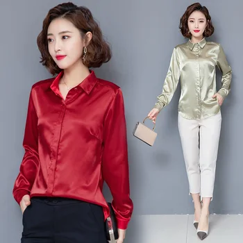 Moda coreeană de Mătase Femei, Bluze din Satin Birou Doamnă Tricou si Bluza Guler de Turn-down Blusas Largas Plus Dimensiune Blusas Largas