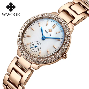WWOOR de Lux de Brand Nou Diamant Femei Ceasuri Brățară de Aur a Crescut din Oțel Complet Impermeabil Cuarț Rochie Femei Încheietura Ceas kol saati