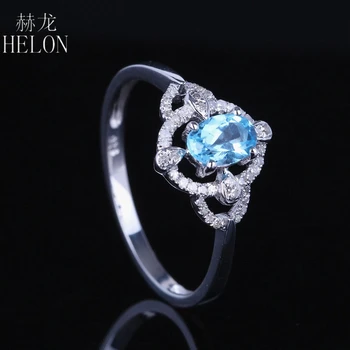 HELON Solid 10K Aur Alb Impecabil Oval 4x6mm Autentic Natural Topaz Albastru & de Logodna cu Diamant de Nunta pentru Femei la Modă de Bijuterii Ring