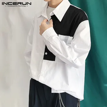 Barbati Tricou Mozaic Rândul său, în Jos Guler Streetwear Butonul de Moda coreeană Marca Tricou Camisas Maneca Lunga Topuri Casual S-5XL INCERUN
