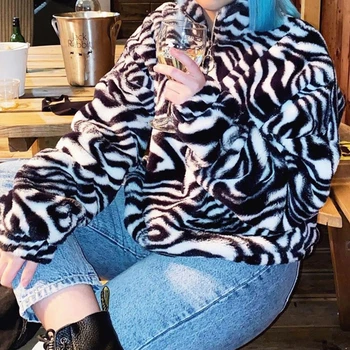 Femei Iarna Cu Maneca Lunga Fuzzy De Pluș Tricou Half Zip Up Guler Pulover Topuri Zebra Dungi Loose Streetwear