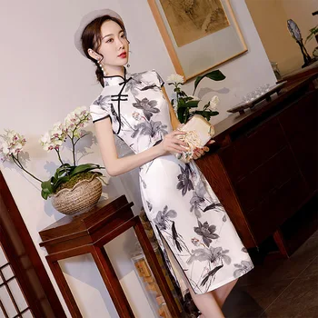 Stil chinezesc Femei Cheongsam Genunchi Lungime Vară de zi cu Zi Rochie Vintage Butonul Spectacol de teatru de Partid Qipao Mare Split Rochie Vestido M-3XL