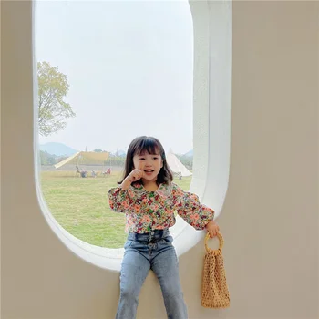 Stil coreean Primavara 2021 fete mici broderii florale plasă de guler tricouri copil retro camasa cu maneca lunga, haine