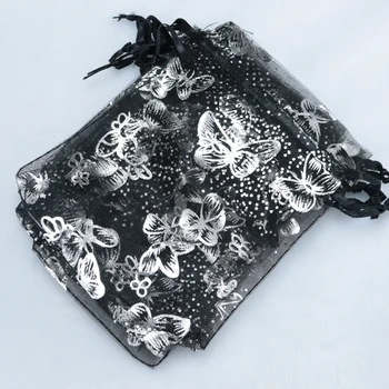 En-gros de 100buc Organza Negru Saci 9x12cm Mic Cordon Husă de Bijuterii Cadouri Ambalare Sac de Fluture de Imprimare Organza Cadou Geanta