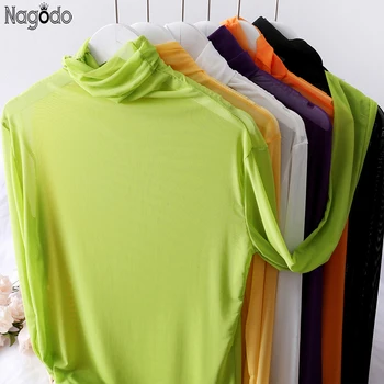 Nagodo Neon Tricou Femei De Vară 2020 Maneca Lunga Bottom Ochiurilor De Plasă Pur Top Femei Subțire Guler Tricou Femme Camiseta Mujer