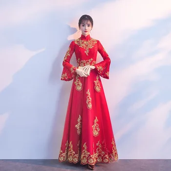 Roșu Dantelă Broderie Stil Oriental Rochii de Mireasa Chineză de Epocă, Nunta Traditionala Cheongsam Rochie Lungă Qipao Plus Dimensiune XS-3XL