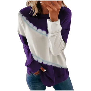 Iarna doamnelor moda poliester футболка топ tie-dye de potrivire de culoare și culoarea de imprimare gât rotund pulover de top casual F04*