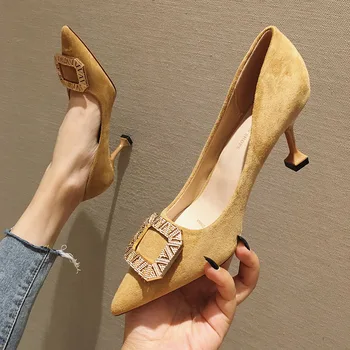 Pantofi cu toc înalt de sex Feminin 2019 Toamna Noua de piele de Căprioară Femei Pantofi cu toc Înalt Superficial Gura Subliniat Bine Pahare de Vin Singur
