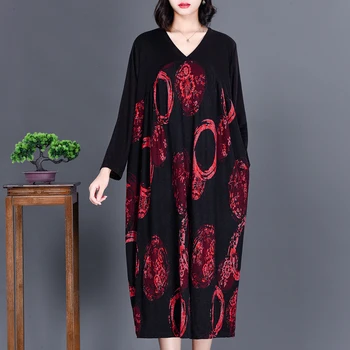 COIGARSAM 4XL Plus Dimensiune Epocă Mozaic Femei rochie Lunga de Primăvară Imprimare Vrac Batwing Maneca V-Neck Rochii Roșu Galben 5259