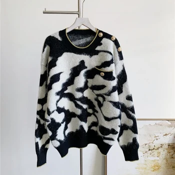 Pulover lung pentru femei butonul de sus de înaltă calitate vrac casual, o-neck leopard toamna iarna cald gros Mohair pulover tricotate jumper