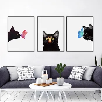 Acuarelă Pisica Neagra Fluture DIY Pânză de Lemn Încadrată A4, Postere de Arta Nordică Perete Copii Imagine de Fată Cameră Decor Agățat Pictura