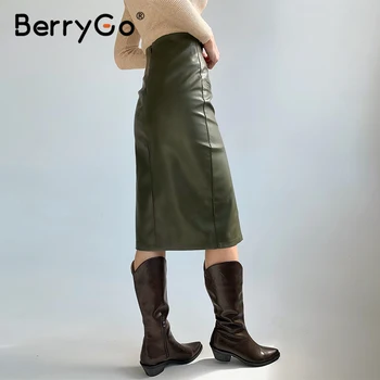BerryGo Sexy verde negricios toamna iarna femei fusta office-Eleganta doamna pu fusta dreaptă moda High street feminin creion