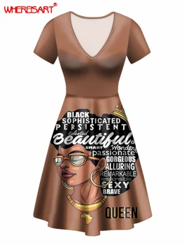 WHEREISART Rochii Elegante Femei 2020 Vintage Negru African Imprimă O Linie Rochie de Petrecere de Vară Short Sleeve V-neck Rochie Midi Halat