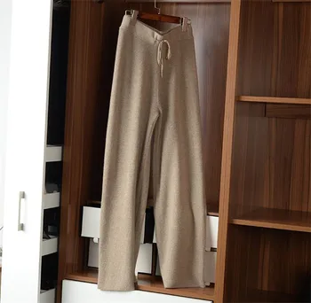 Capră de cașmir tricot femei casual full pantaloni lungi largi picior cordon talie pantaloni XS-XL