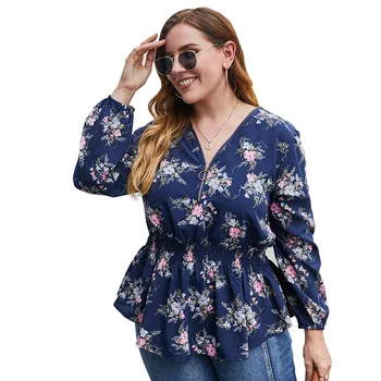 DOIB imprimeu Floral Bluza Femei Plus Dimensiune Lanterna Maneca Talie Elastic Zburli Tiv Bluza 2020 Toamna de Mari Dimensiuni Tricou