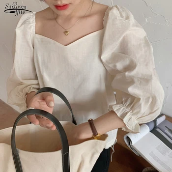 Coreeană Bluza Chic Pentru Femei Cămăși Albe Pătrat Elegant Guler Puff Maneca Doamnelor 2020 Moda Casual Femei Topuri Blusa10165