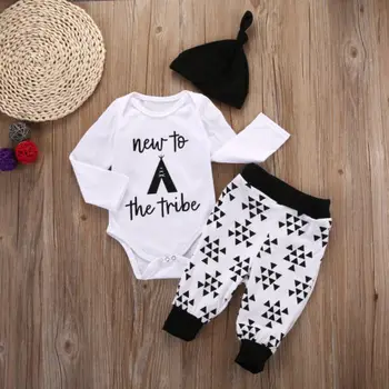 Copil Nou-Născut Băieți Fete Primavara Si Toamna Cu Maneci Lungi Haine De Bumbac Set Alb Scrisoare Topuri Romper+Pantaloni Lungi+Pălărie Utilaje