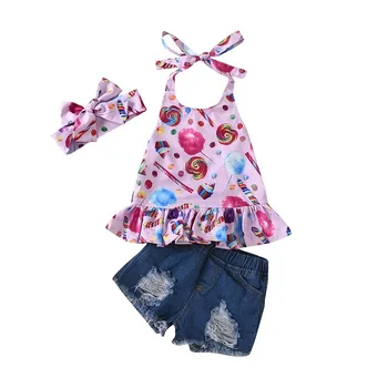 Original Zebra Amintesc fetita de vara haine copii lollipops cutat jumper rochie+ripped denim pantaloni scurți set haine copii