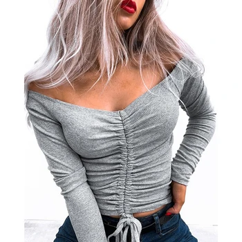 2020 New Sosire Sexy Slim Fit Tee De Femei De Moda Casual Culoare Solidă Cordon T Camasa Maneca Lunga Topuri Tricotate