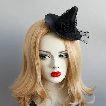 Femeile Fascinator Negru Floare Agrafa Vrăjitoare Pălărie De Top Polka Oală Voal Hairband Kit
