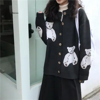 Japoneze Kawaii Cardigan Femei Drăguț Pulover Haina Ursul Desene Animate De Imprimare Coreean Tricotaje Fete Dulci Cardigans Loose