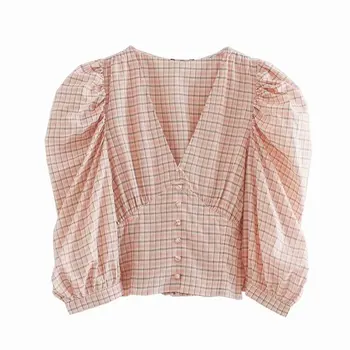 2021 primăvară new Vintage v-neck cămașă carouri Retro plus dimensiune zaraing stil za femei 2020 sheining vadiming bluza tricou O9784