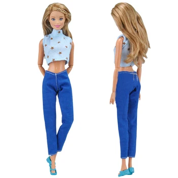 Albastru Haine de Moda Set pentru Papusi Barbie Haine de Înaltă Gât fără Mâneci Star Print Topuri Scurte Creion lungime Pantaloni Pantaloni DIY