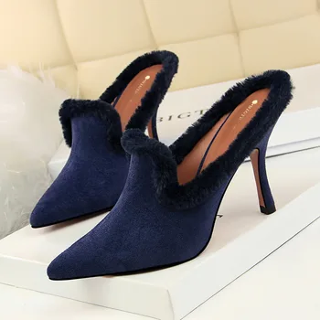 Koovan Femei Sandale cu Toc Înalt 2020 Moda Noua de Pantofi pentru Femei Vin cu toc piele de Căprioară a Subliniat Jumătate-alunecare Papuci de Blană