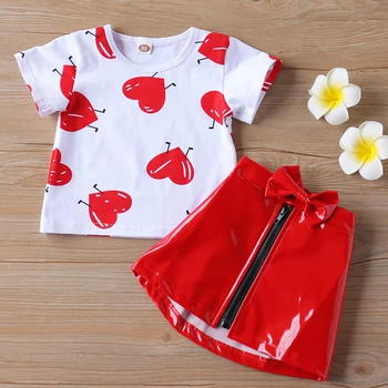 New Sosire Inima Drăguț Model Scurte T-Shirt și PU Piele Fusta Costum de Haine de Vară a Copilului Fata de 1-6 Ani