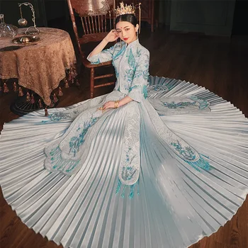Chineză Tradițională Îmbrăcăminte Mireasa Rochie De Mireasa Dragon Feminin Rochie Slim Cheongsam Albastru Margele Aplicatiile De Broderie, Rochii De Seara